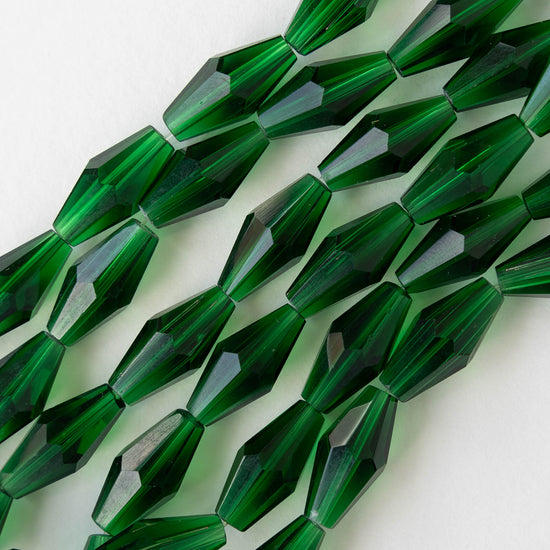 8x16mm Hand Cut Glass Long Bi-Cone Beads - Transparent Emerald Green - 25 Beads