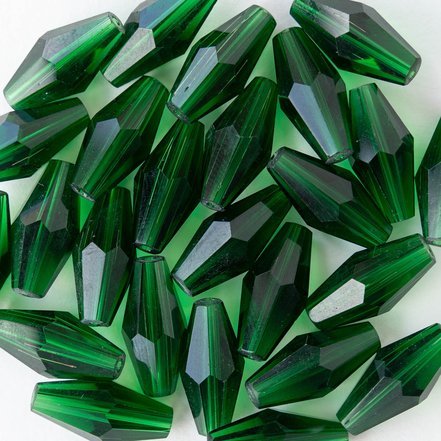 8x16mm Hand Cut Glass Long Bi-Cone Beads - Transparent Emerald Green - 25 Beads