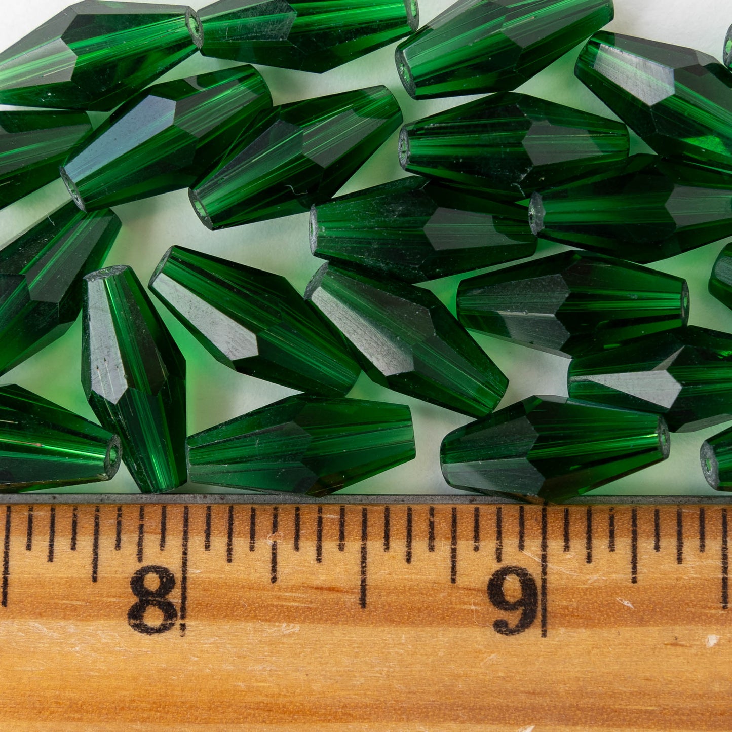 8x16mm Hand Cut Glass Long Bi-Cone Beads - Transparent Emerald Green - 25 Beads