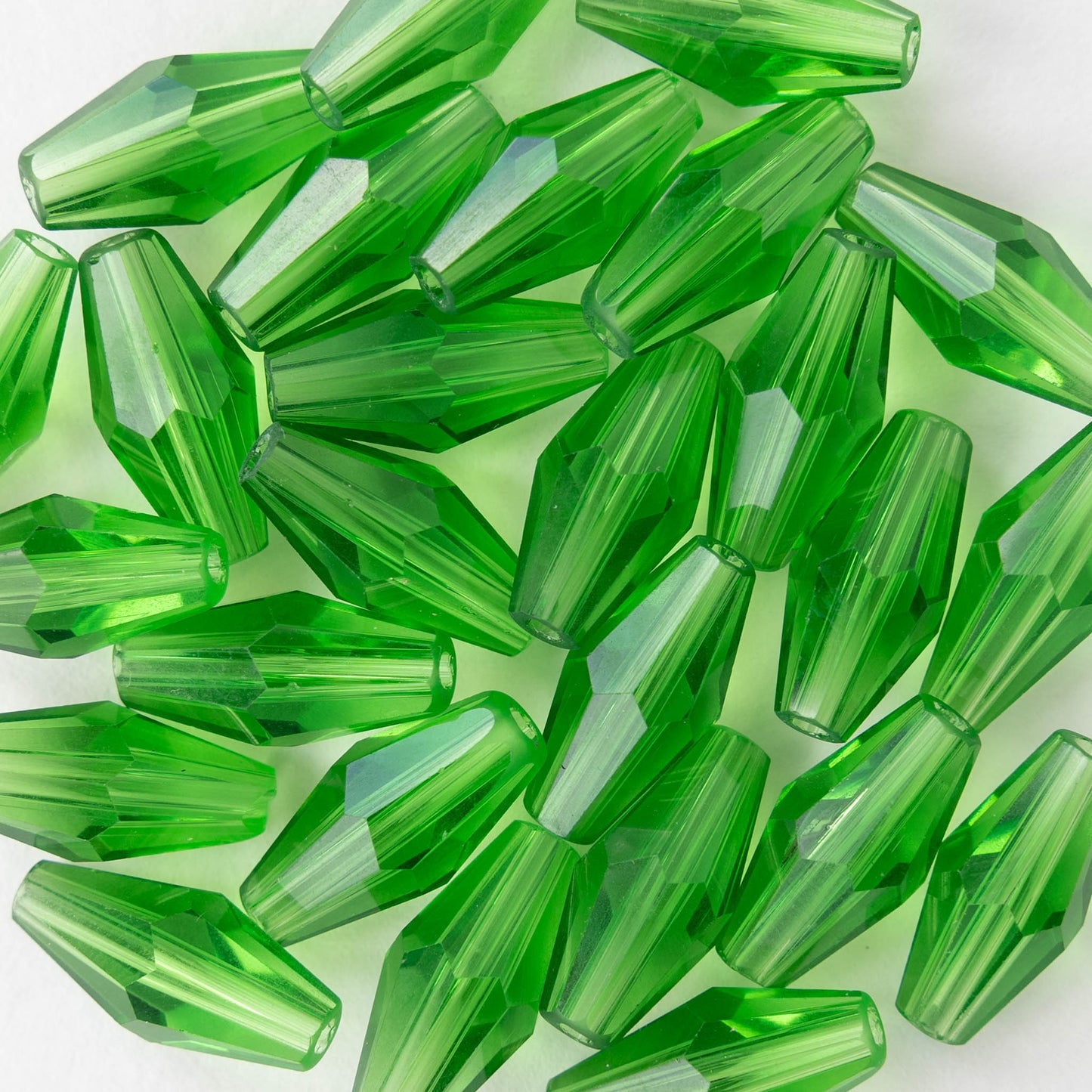 8x16mm Hand Cut Glass Long Bi-Cone Beads - Transparent Light Green - 26 Beads