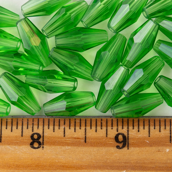 8x16mm Hand Cut Glass Long Bi-Cone Beads - Transparent Light Green - 26 Beads