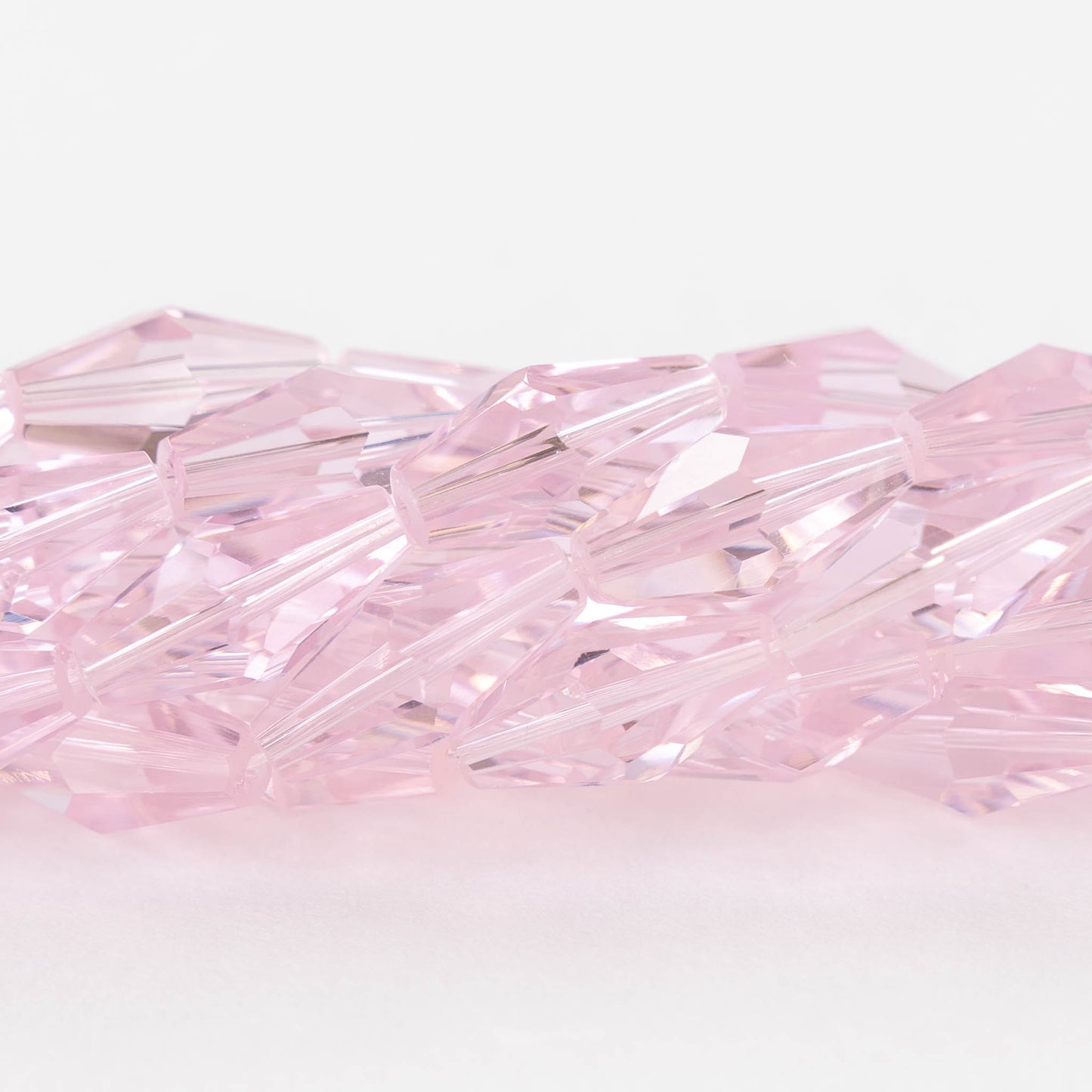 8x16mm Hand Cut Glass Long Bi-Cone Beads - Transparent Pink Rose - 25 Beads