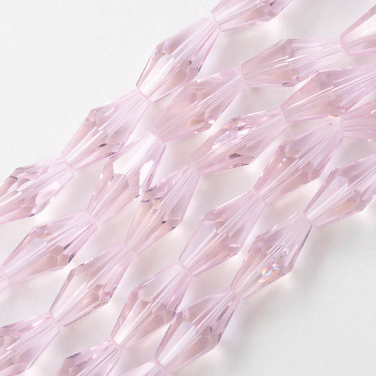 8x16mm Hand Cut Glass Long Bi-Cone Beads - Transparent Pink Rose - 25 Beads