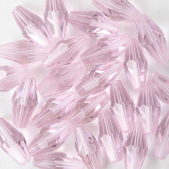 8x16mm Hand Cut Glass Long Bi-Cone Beads - Transparent Pink Rose - 25 Beads