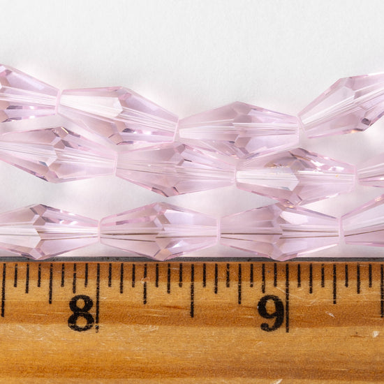 8x16mm Hand Cut Glass Long Bi-Cone Beads - Transparent Pink Rose - 25 Beads