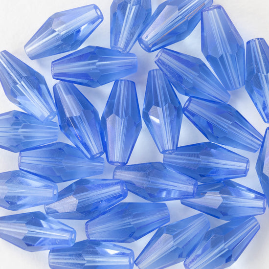 8x16mm Hand Cut Glass Long Bi-Cone Beads - Transparent Sapphire Blue - 25 Beads