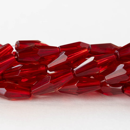 8x16mm Hand Cut Glass Long Bi-Cone Beads - Transparent Red - 24 Beads