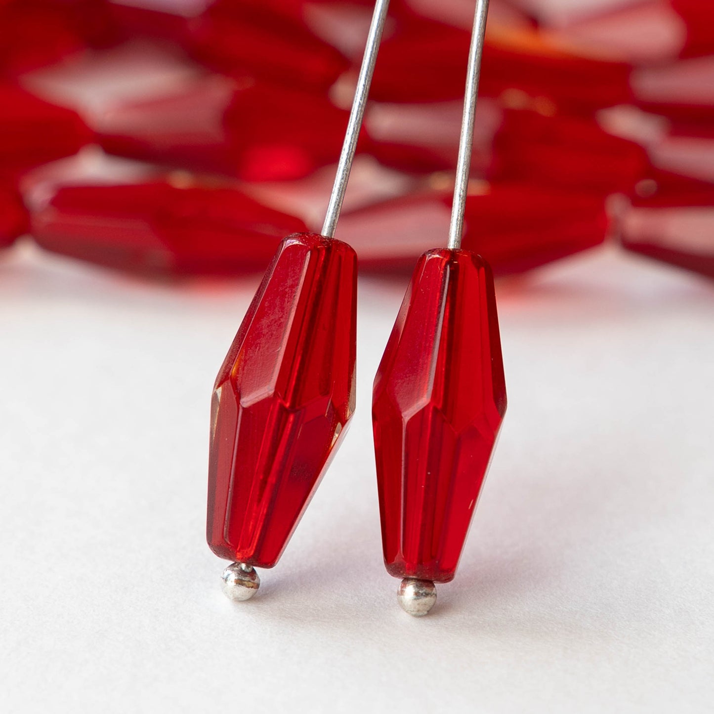 8x16mm Hand Cut Glass Long Bi-Cone Beads - Transparent Red - 24 Beads