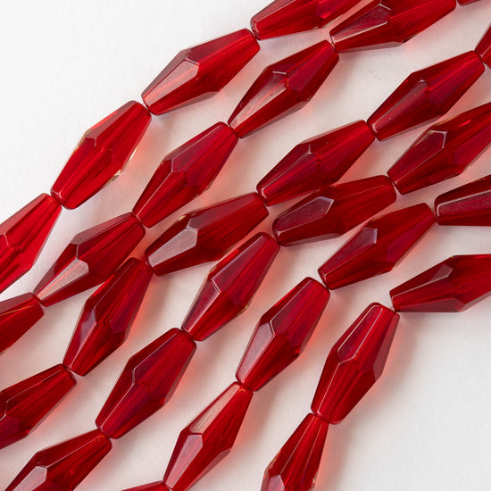 8x16mm Hand Cut Glass Long Bi-Cone Beads - Transparent Red - 24 Beads