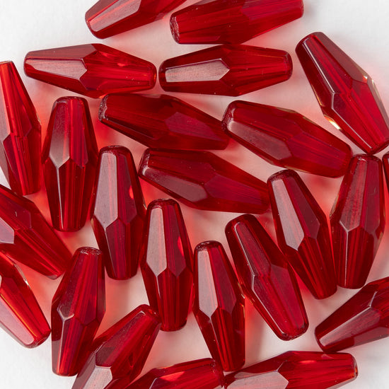 8x16mm Hand Cut Glass Long Bi-Cone Beads - Transparent Red - 24 Beads