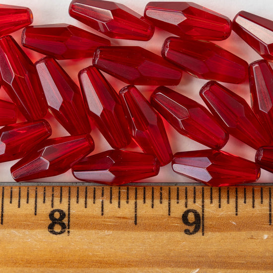 8x16mm Hand Cut Glass Long Bi-Cone Beads - Transparent Red - 24 Beads