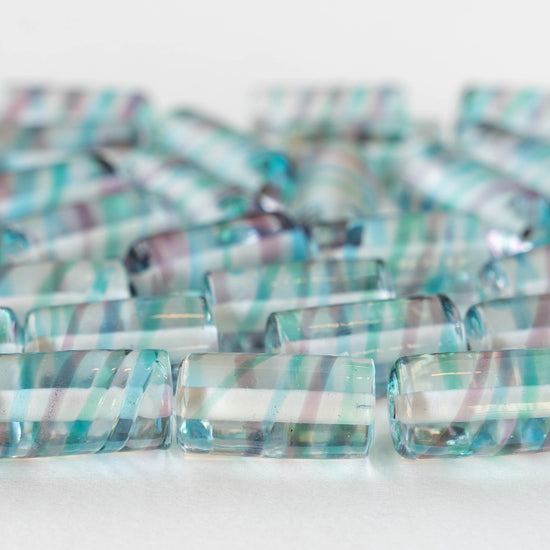 8x16mm Lampwork Tube Beads - Crystal with Purple and Blue Stripes - 2 Beads