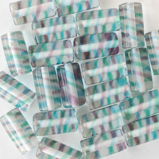 8x16mm Lampwork Tube Beads - Crystal with Purple and Blue Stripes - 2 Beads