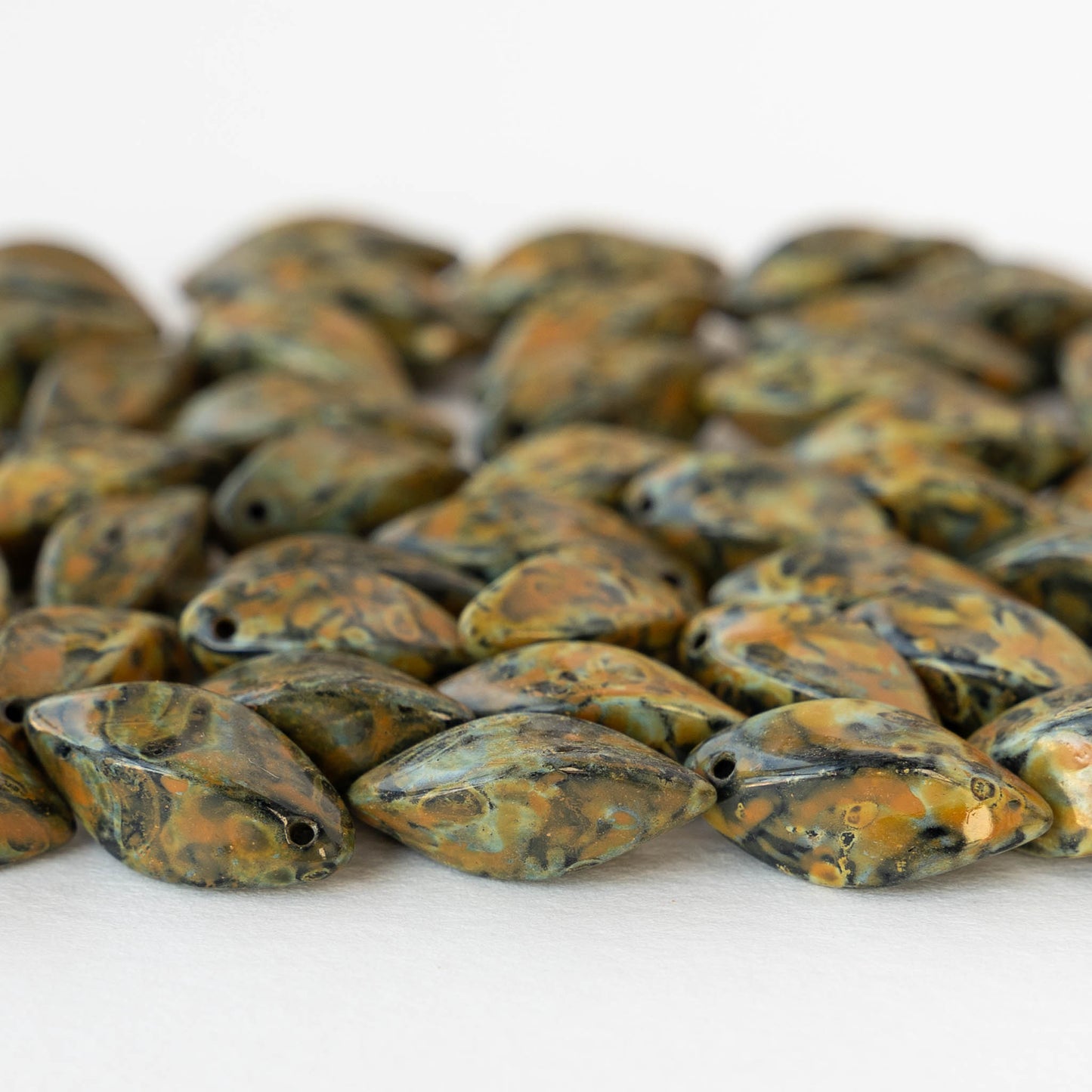 8x16mm Glass Twist Drop Beads - Opaque Black  AmberPicasso - 10 beads