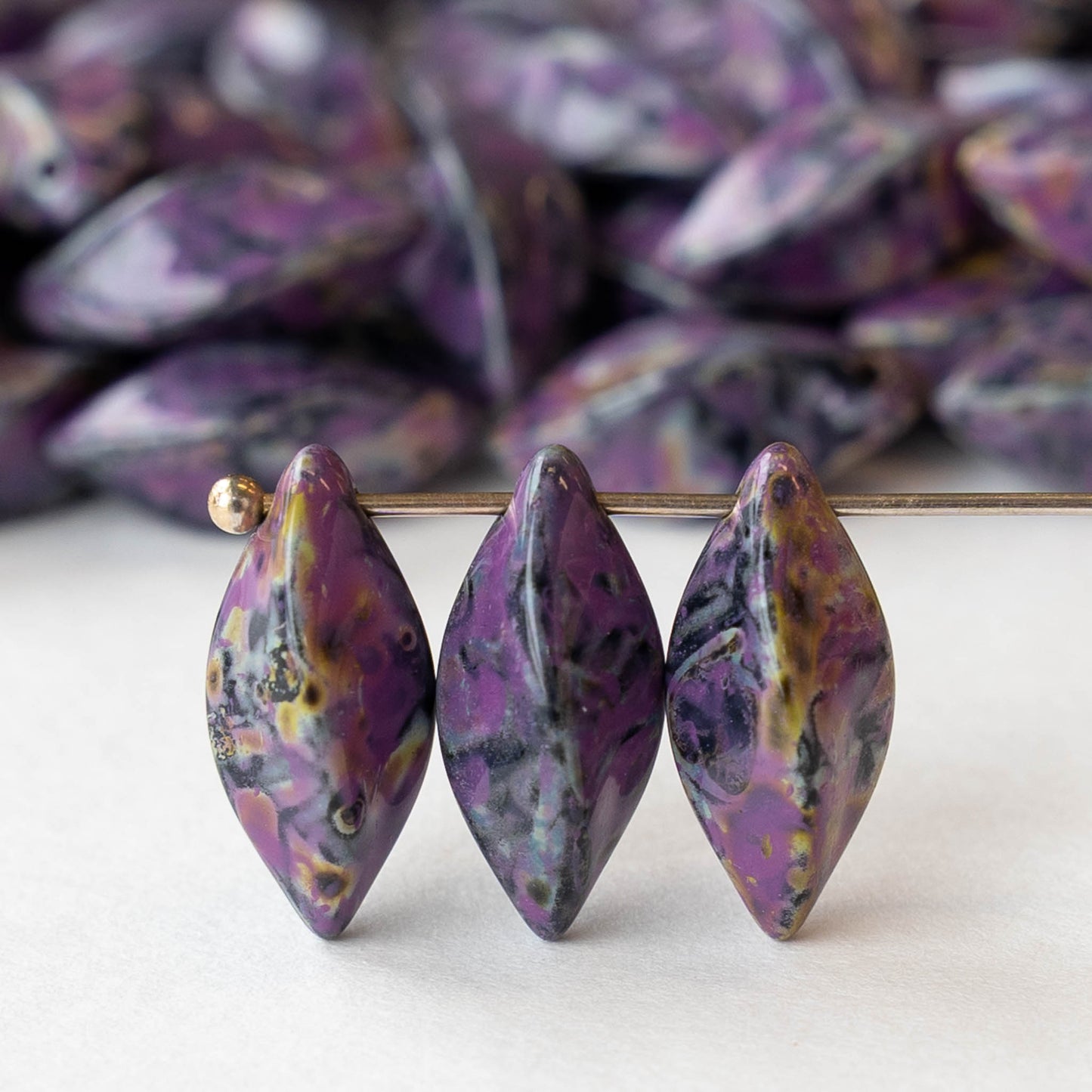 8x16mm Glass Twist Drop Beads - Opaque Black Purple Picasso - 10 beads