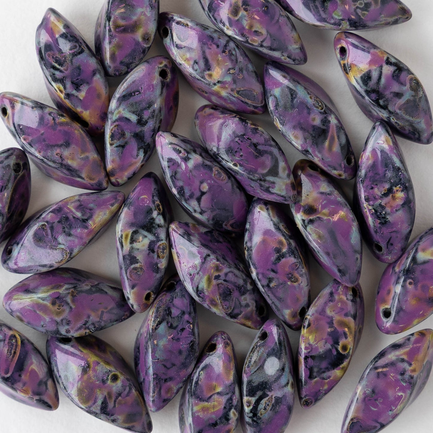 8x16mm Glass Twist Drop Beads - Opaque Black Purple Picasso - 10 beads