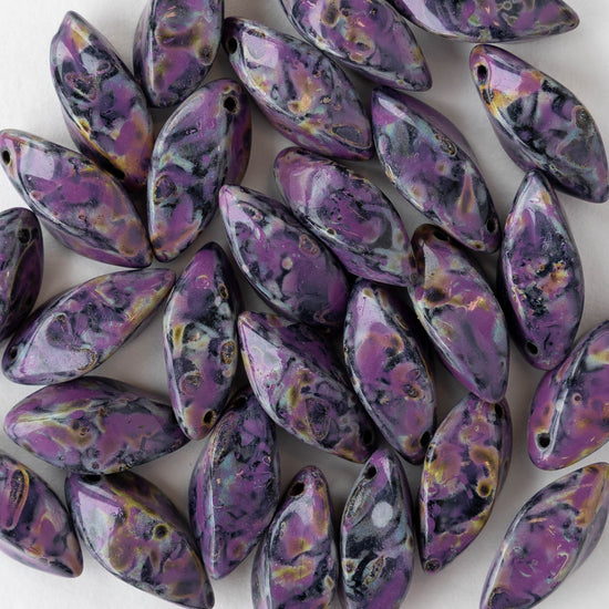 8x16mm Glass Twist Drop Beads - Opaque Black Purple Picasso - 10 beads