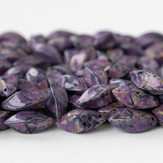 8x16mm Glass Twist Drop Beads - Opaque Black Purple Picasso - 10 beads