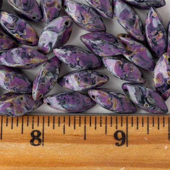 8x16mm Glass Twist Drop Beads - Opaque Black Purple Picasso - 10 beads