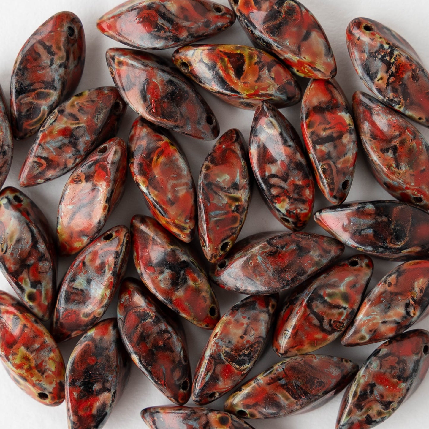 8x16mm Glass Twist Drop Beads - Opaque Black Red Picasso - 10 beads