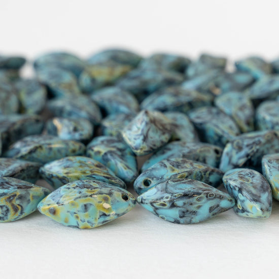 8x16mm Glass Twist Drop Beads - Opaque Black Turquoise Picasso - 10 beads
