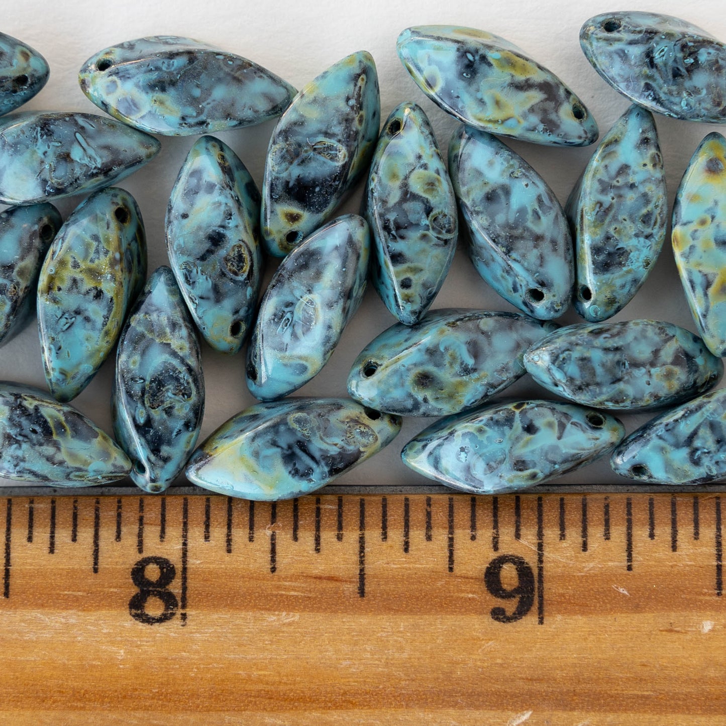 8x16mm Glass Twist Drop Beads - Opaque Black Turquoise Picasso - 10 beads