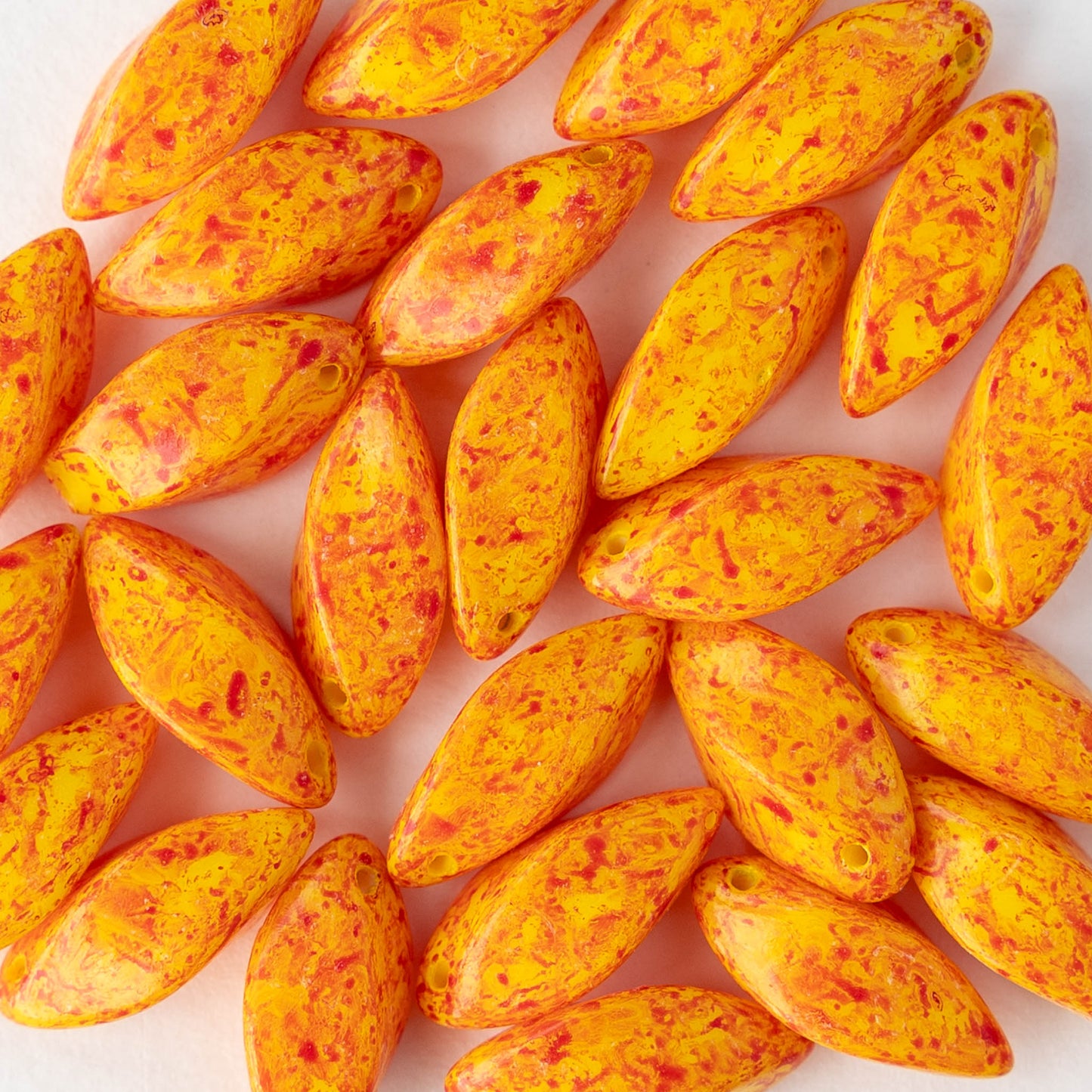 8x16mm Glass Twist Drop Beads - Yellow with Orange Dust - 10 beads
