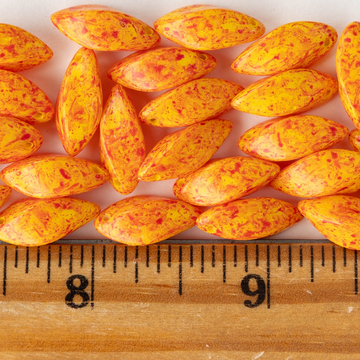 8x16mm Glass Twist Drop Beads - Yellow with Orange Dust - 10 beads