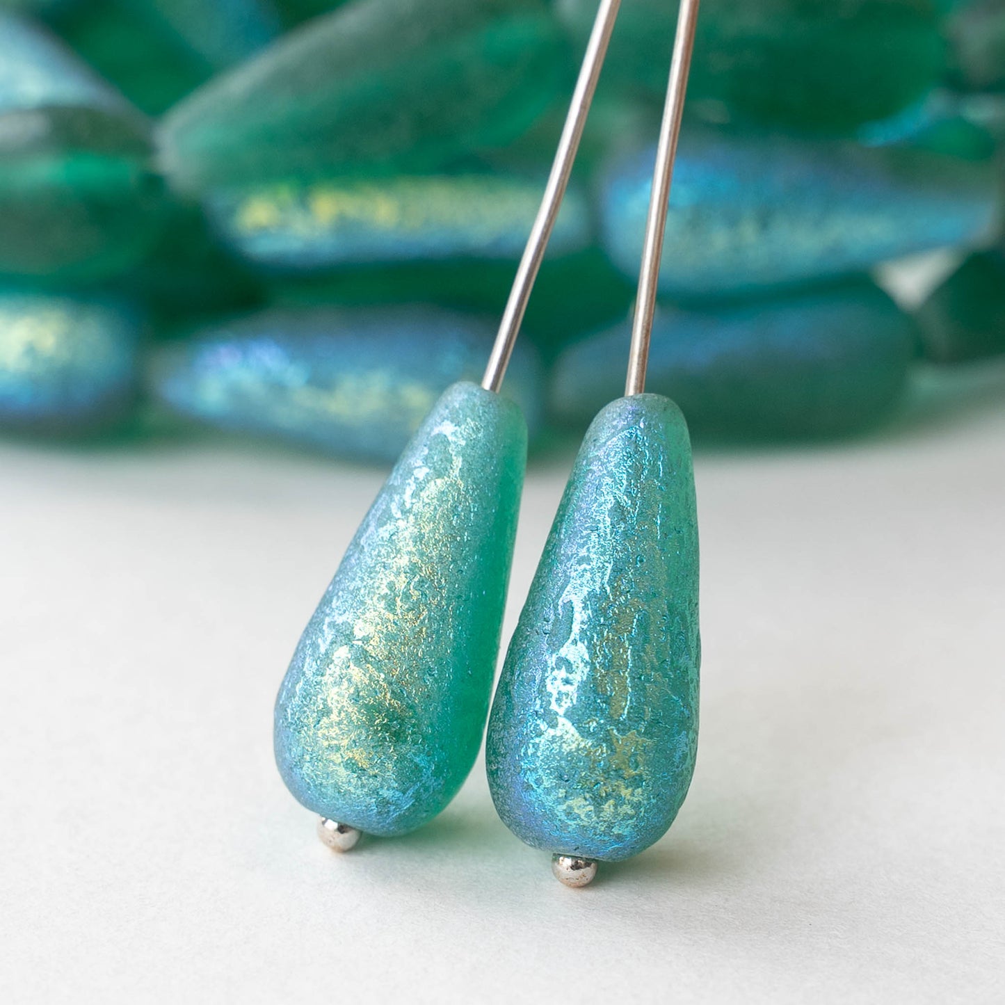 8x19mm Glass Teardrops - Etched Green AB - 6 or 12 beads