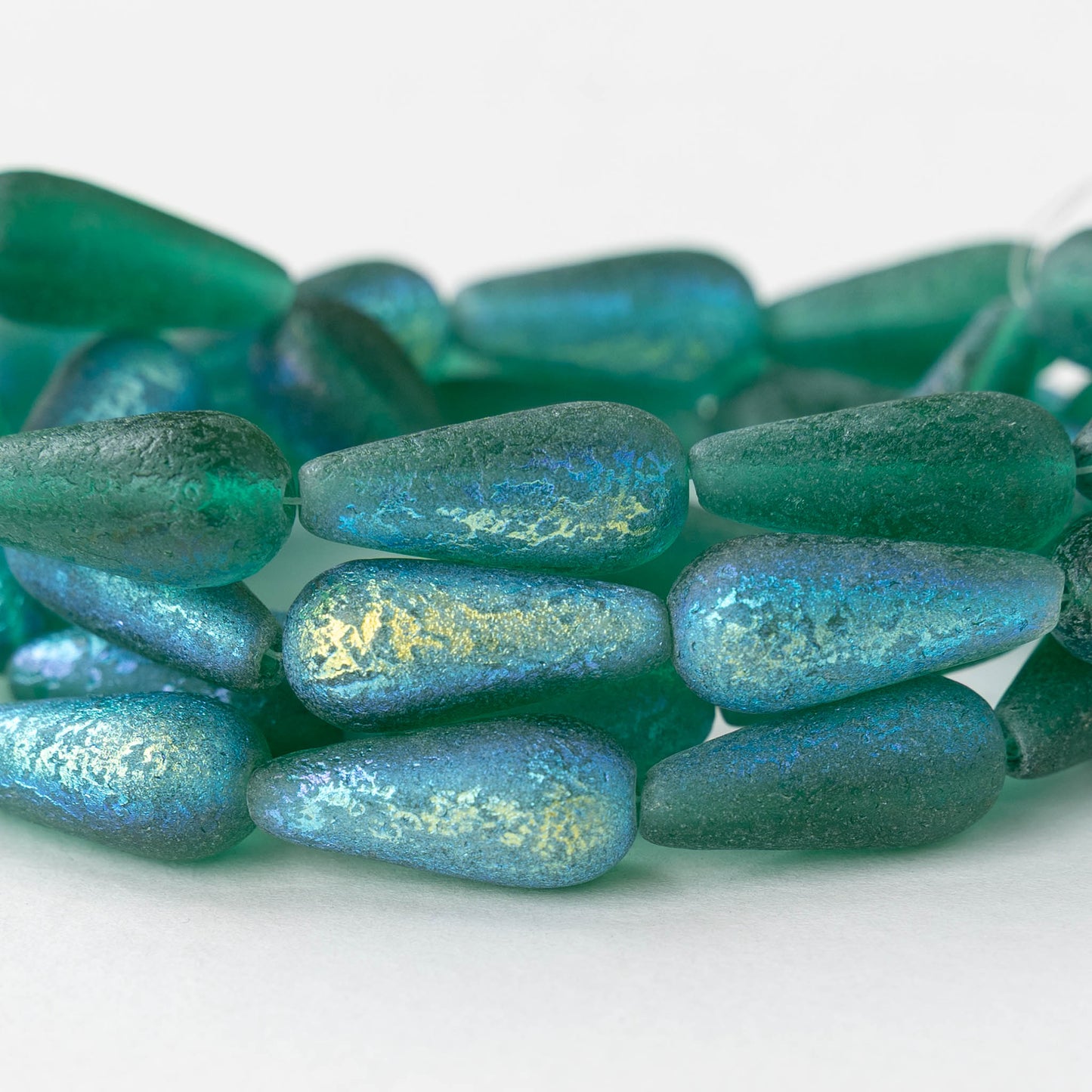 8x19mm Glass Teardrops - Etched Green AB - 6 or 12 beads