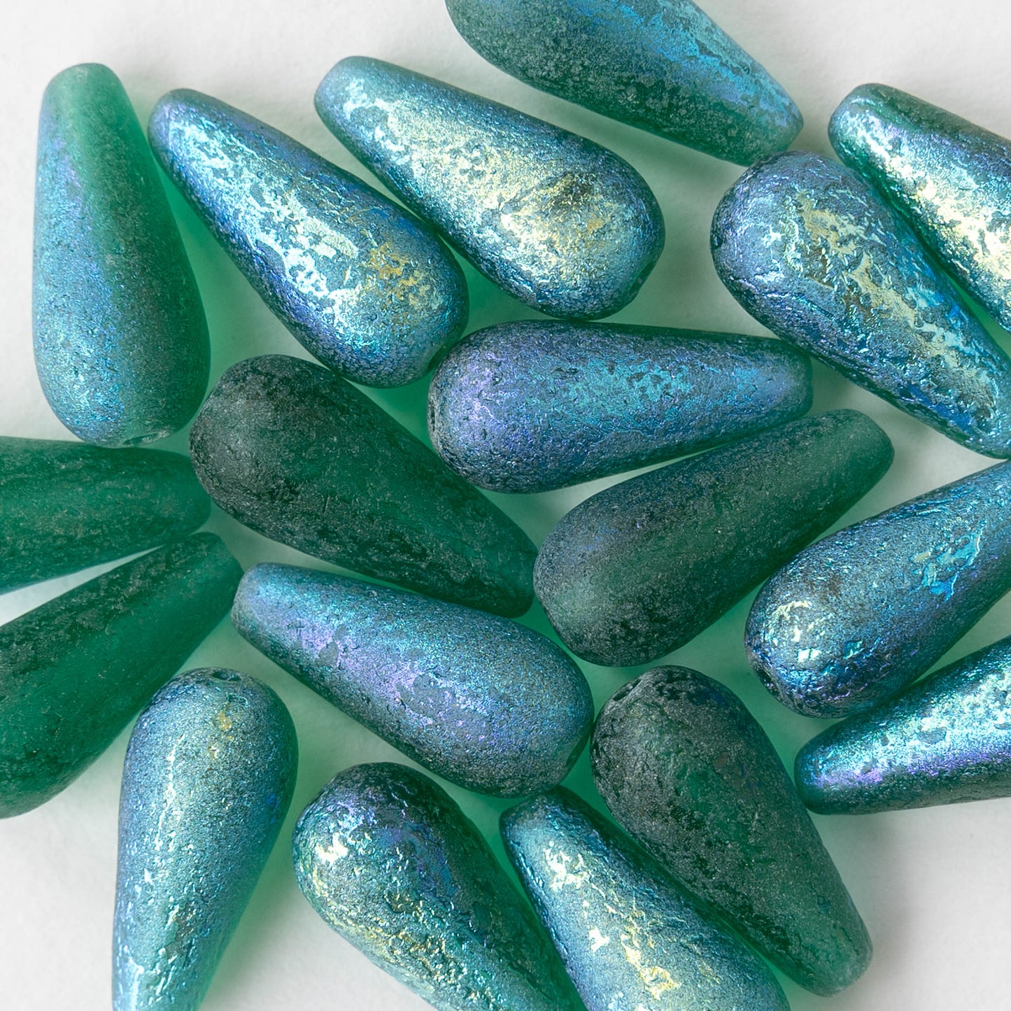 8x19mm Glass Teardrops - Etched Green AB - 6 or 12 beads