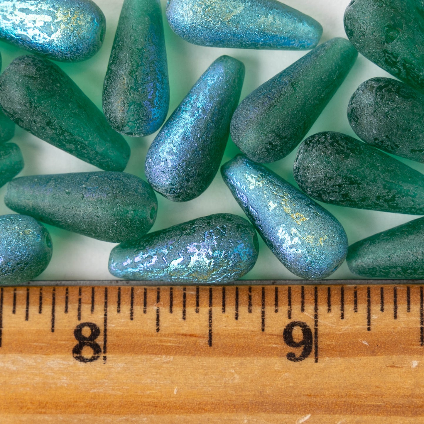 8x19mm Glass Teardrops - Etched Green AB - 6 or 12 beads