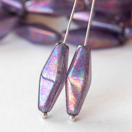 8x20mm Glass Rhombus Beads  - Purple Oil Slick - 6 Beads