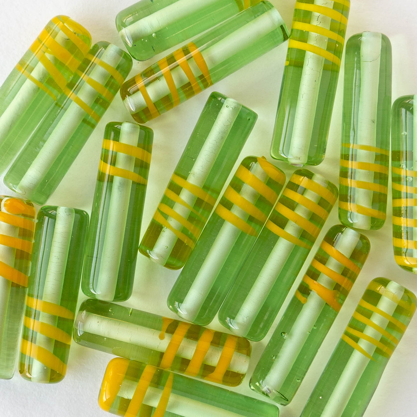 8x26mm Lampwork Tube Beads - Transparent Green with Yellow Stripes - 2 Beads