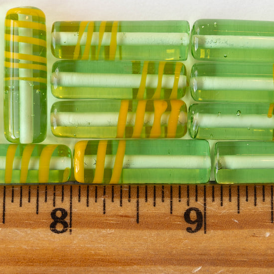 8x26mm Lampwork Tube Beads - Transparent Green with Yellow Stripes - 2 Beads