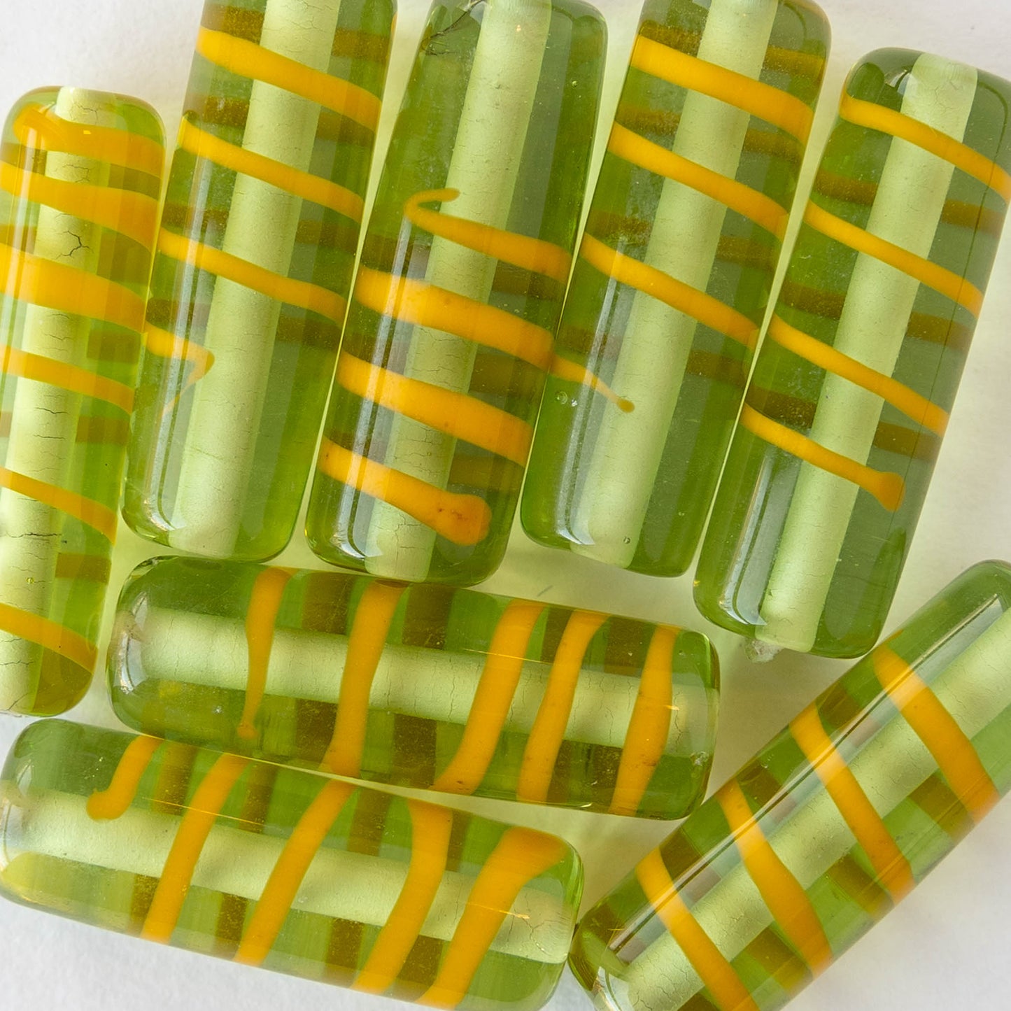 8x26mm Lampwork Tube Beads - Transparent Green with Yellow Stripes - 2 Beads