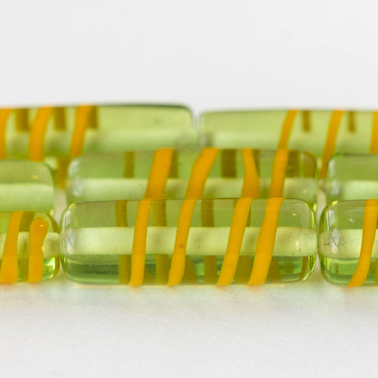 8x26mm Lampwork Tube Beads - Transparent Green with Yellow Stripes - 2 Beads