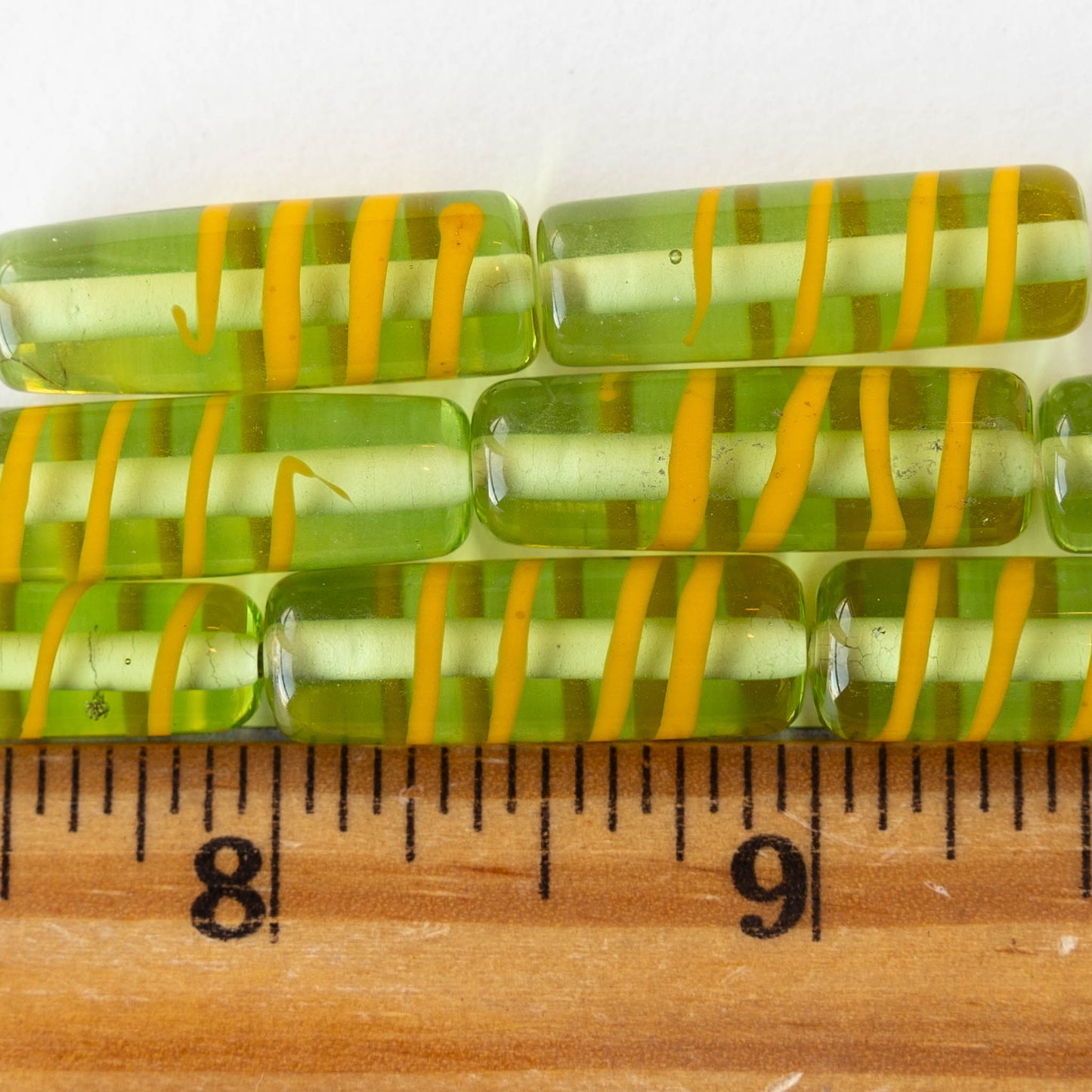 8x26mm Lampwork Tube Beads - Transparent Green with Yellow Stripes - 2 Beads