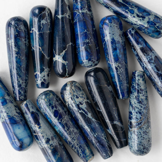 8x30mm Impression Jasper Long Drill Teardrop Beads - Cobalt Blue