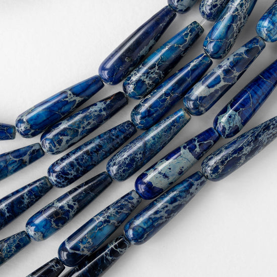 8x30mm Impression Jasper Long Drill Teardrop Beads - Cobalt Blue