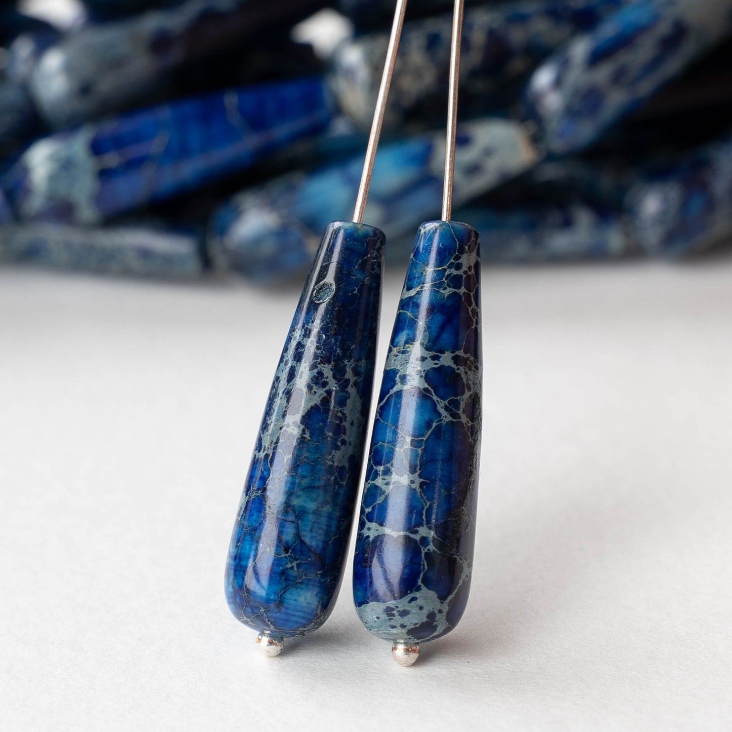 8x30mm Impression Jasper Long Drill Teardrop Beads - Cobalt Blue