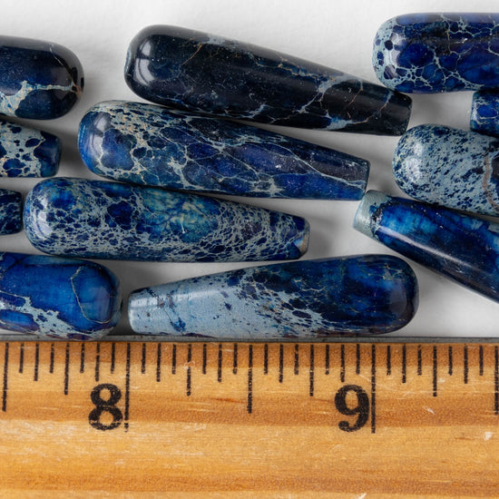 8x30mm Impression Jasper Long Drill Teardrop Beads - Cobalt Blue