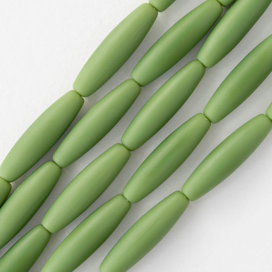 8x30mm Frosted Glass Tapered Tube Beads - Opaque Green - 10 beads