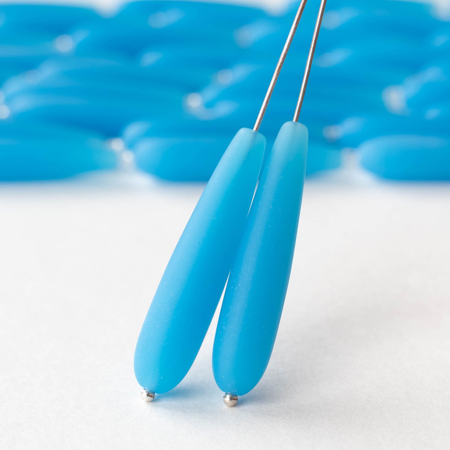 8x38mm Frosted Glass Long Drill Drops - Opaque Blue - 10 Beads