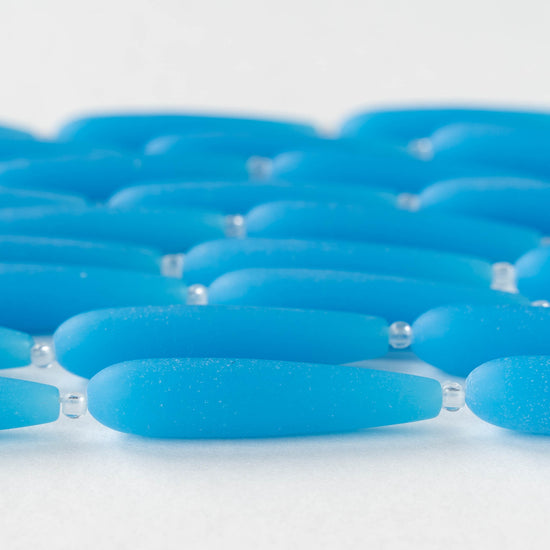8x38mm Frosted Glass Long Drill Drops - Opaque Blue - 10 Beads
