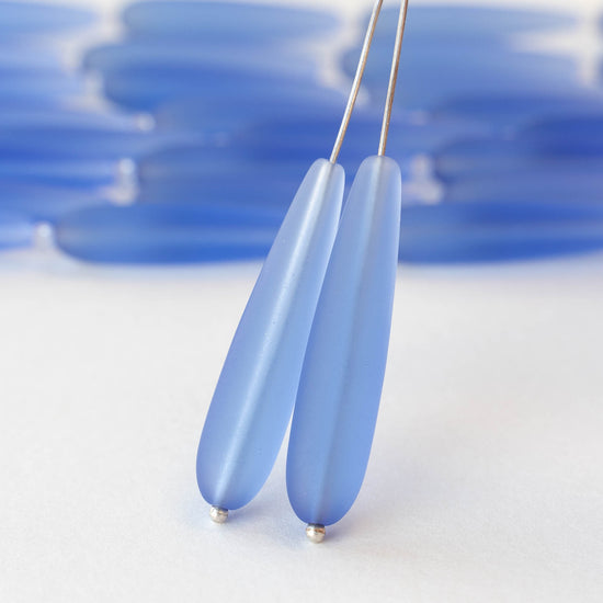 8x38mm Frosted Glass Long Drill Drops - Sapphire Blue - 10 Beads