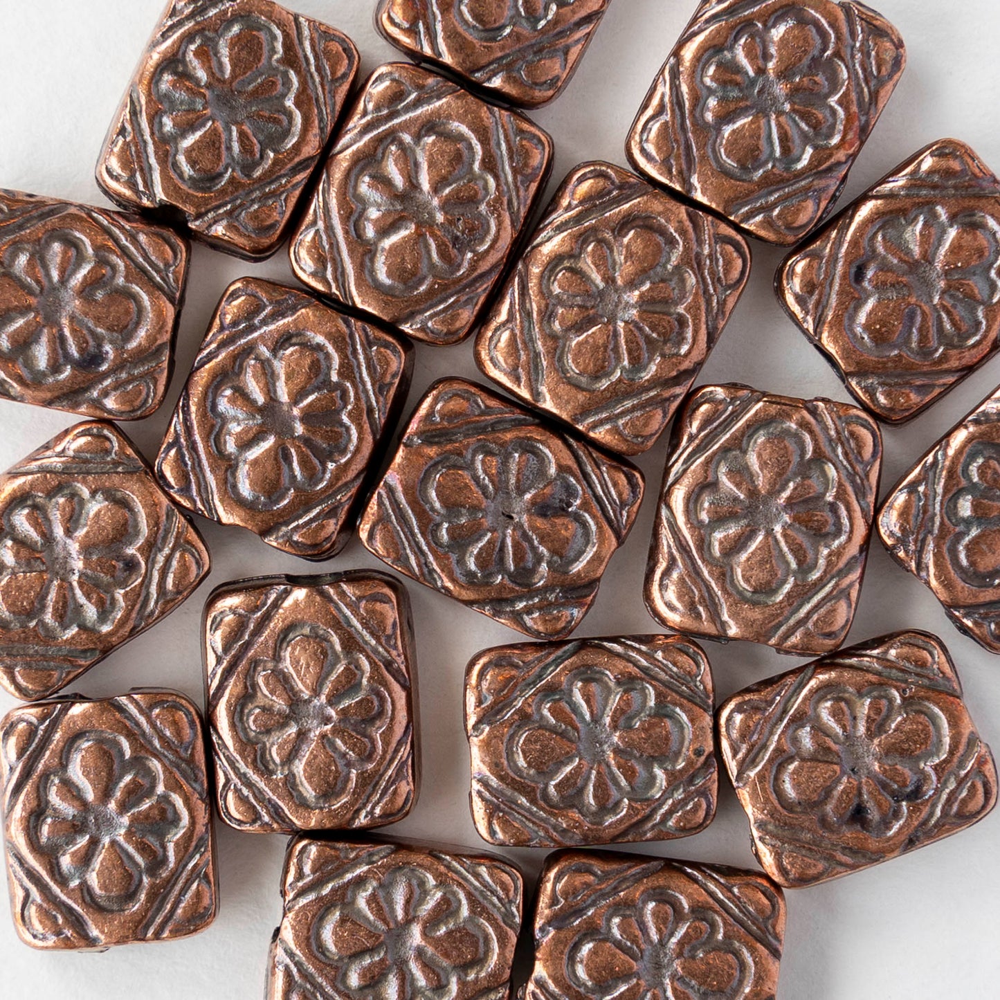 9.5x11mm Metal Floral Rectangle Beads - Antique Copper - 2, 6, or 12 beads