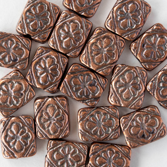 9.5x11mm Metal Floral Rectangle Beads - Antique Copper - 2, 6, or 12 beads