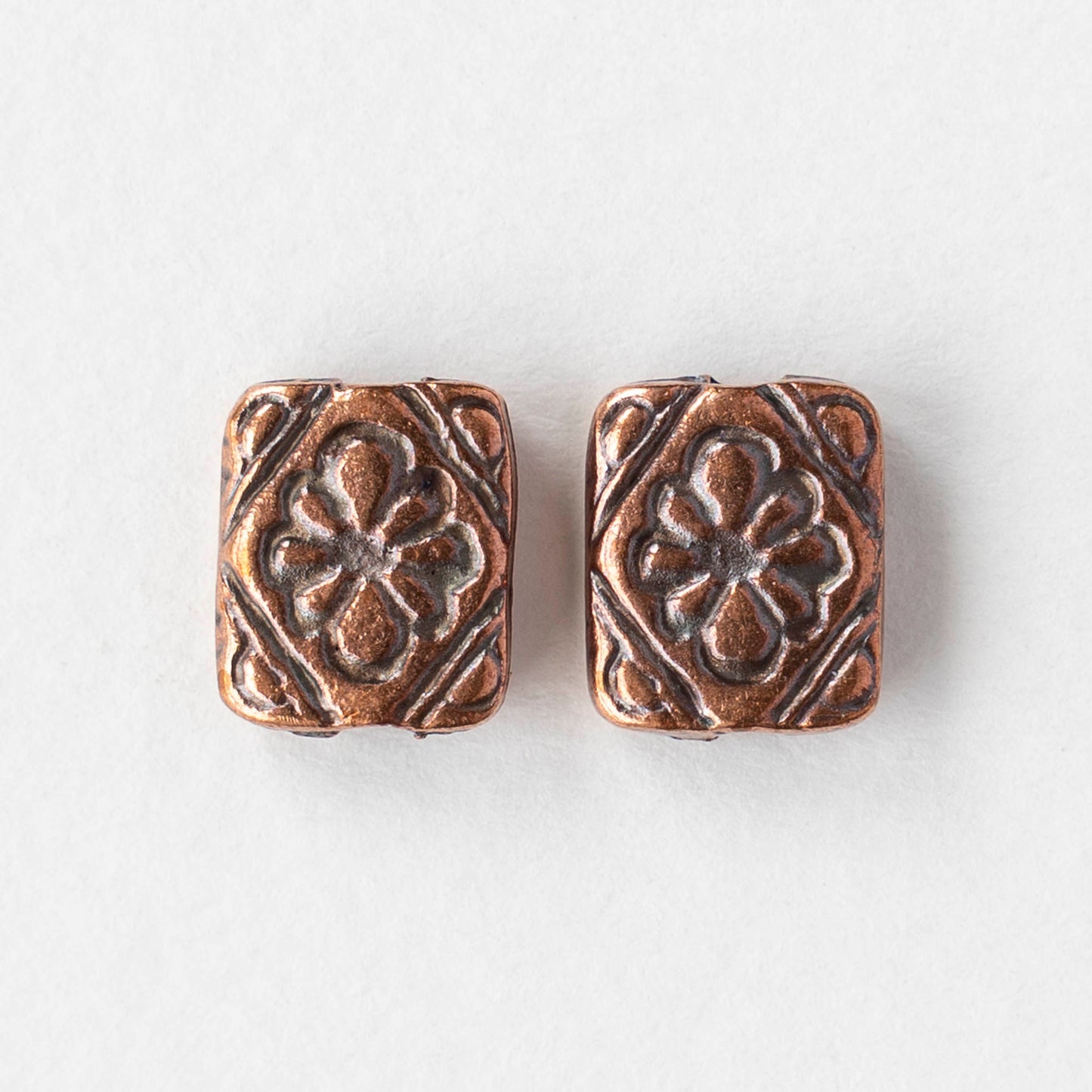 9.5x11mm Metal Floral Rectangle Beads - Antique Copper - 2, 6, or 12 beads