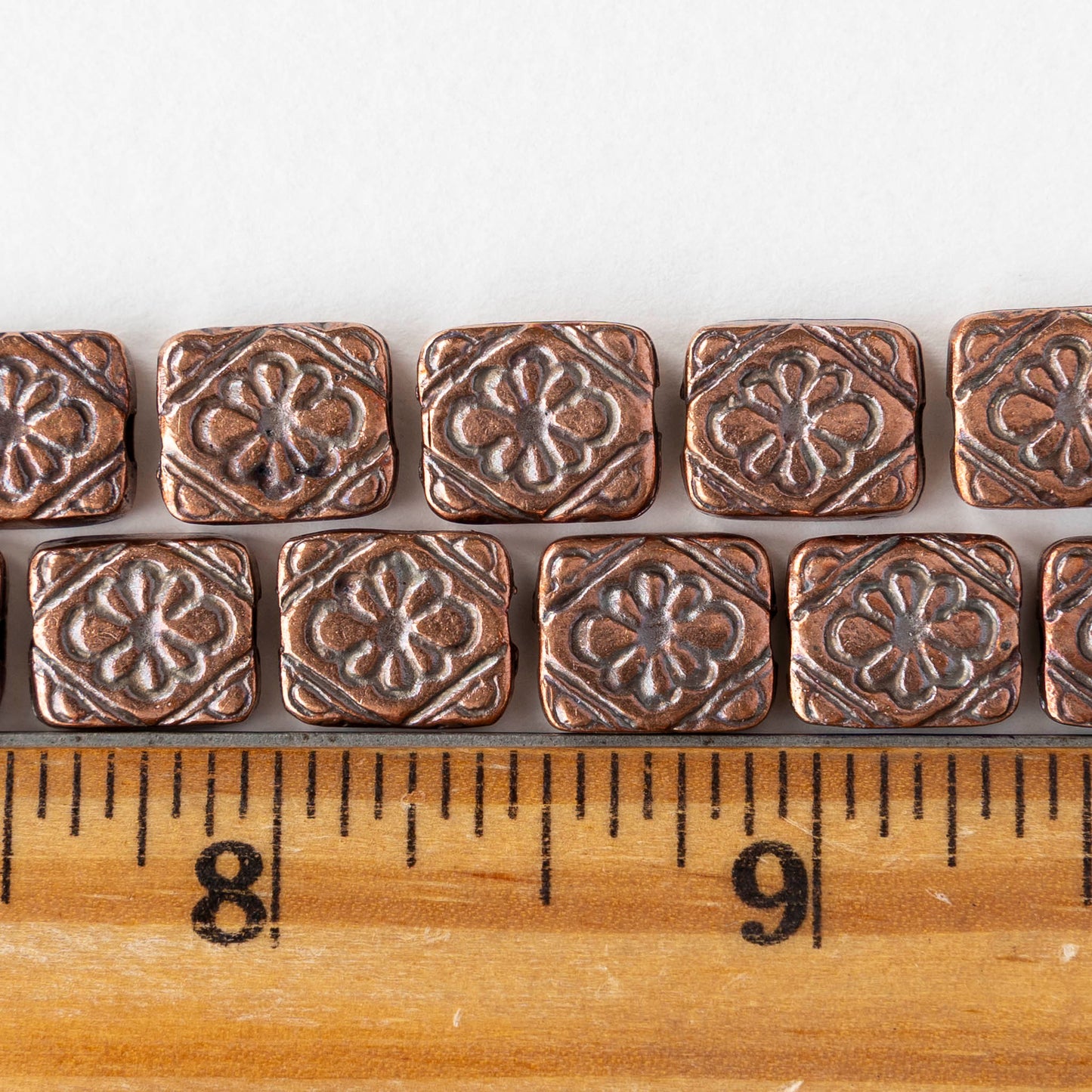 9.5x11mm Metal Floral Rectangle Beads - Antique Copper - 2, 6, or 12 beads